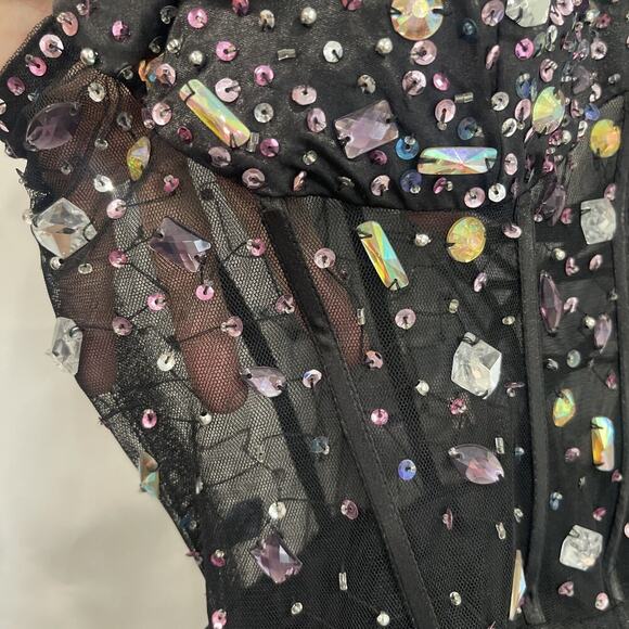 Blondie Niles Sz 9 Corset Gem Mesh Black Maxi Dress Event Sleeveless Romantic - Picture 15 of 16